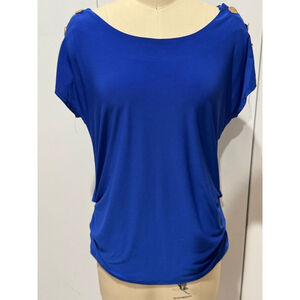 Women's AUW Blue Short Sleeve Tee with Gold Buttons side ruching, Size S